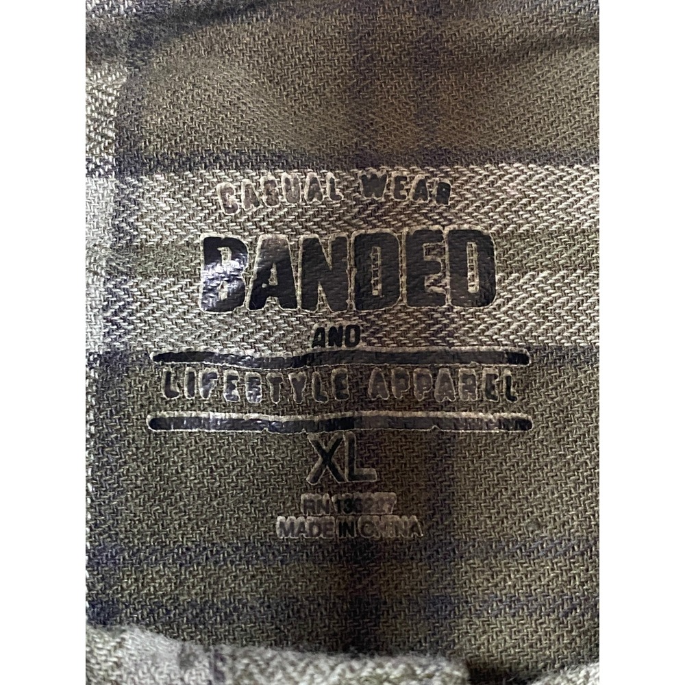 Banded Mens XL Plaid Flannel Button Down Shirt Olive Green Grey Long Sleeve - Picture 4 of 11